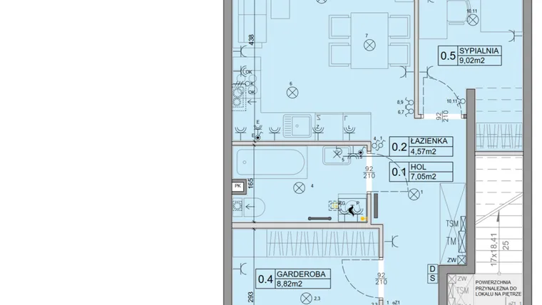 Rzut - Mieszkanie na sprzedaż 3 pokoje o powierzchni 46,34 m² - numer 105 w Manufaktura Marki 2 etap IV