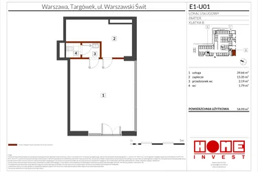 Rzut - Lokal użytkowy na sprzedaż 1 pokój o powierzchni 58,99 m² - numer E1-U01 w Warszawski Świt etap X