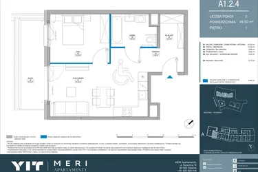 Rzut - Mieszkanie na sprzedaż 2 pokoje o powierzchni 49,53 m² - numer A.1.2.4 w Meri Apartamenty