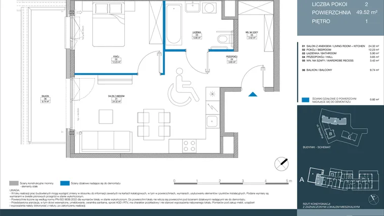 Rzut - Mieszkanie na sprzedaż 2 pokoje o powierzchni 49,53 m² - numer A.1.2.4 w Meri Apartamenty