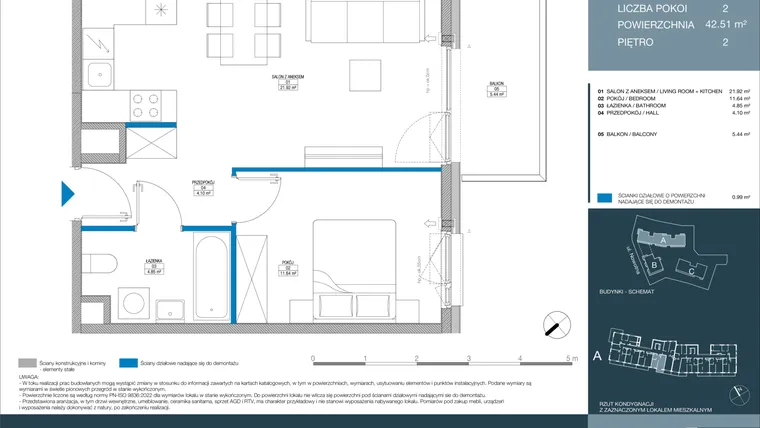 Rzut - Mieszkanie na sprzedaż 2 pokoje o powierzchni 42,51 m² - numer A.1.3.2 w Meri Apartamenty