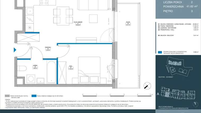 Rzut - Mieszkanie na sprzedaż 2 pokoje o powierzchni 41,61 m² - numer A.1.4.4 w Meri Apartamenty