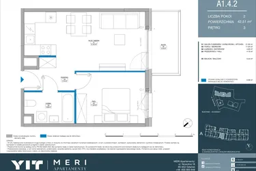 Rzut - Mieszkanie na sprzedaż 2 pokoje o powierzchni 42,51 m² - numer A.1.4.2 w Meri Apartamenty