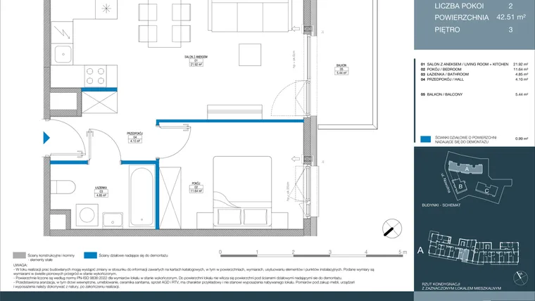 Rzut - Mieszkanie na sprzedaż 2 pokoje o powierzchni 42,51 m² - numer A.1.4.2 w Meri Apartamenty