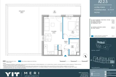 Rzut - Mieszkanie na sprzedaż 2 pokoje o powierzchni 42,19 m² - numer A.2.2.5 w Meri Apartamenty