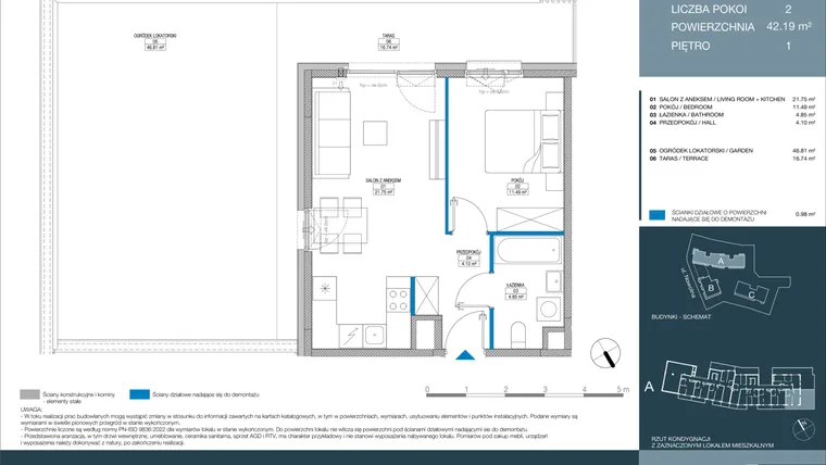 Rzut - Mieszkanie na sprzedaż 2 pokoje o powierzchni 42,19 m² - numer A.2.2.5 w Meri Apartamenty