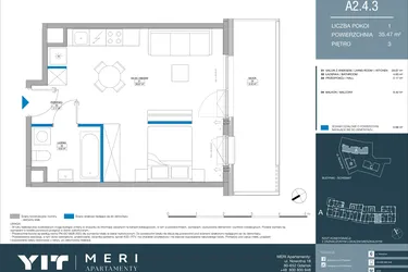 Rzut - Mieszkanie na sprzedaż 1 pokój o powierzchni 35,47 m² - numer A.2.4.3 w Meri Apartamenty