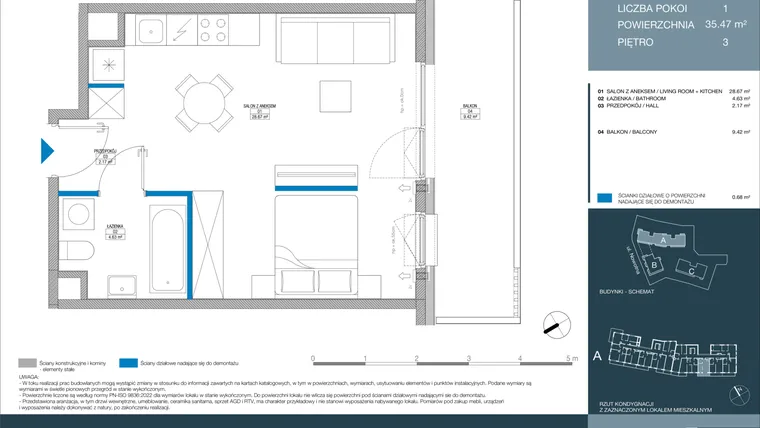 Rzut - Mieszkanie na sprzedaż 1 pokój o powierzchni 35,47 m² - numer A.2.4.3 w Meri Apartamenty