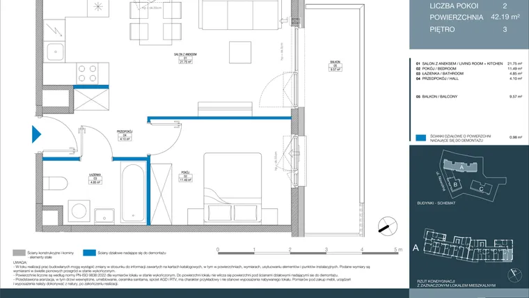 Rzut - Mieszkanie na sprzedaż 2 pokoje o powierzchni 42,19 m² - numer A.2.4.5 w Meri Apartamenty