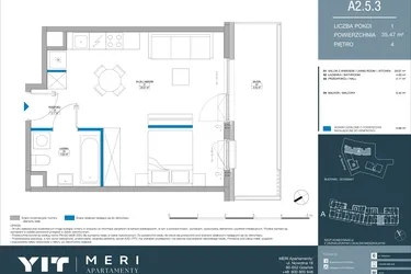 Rzut - Mieszkanie na sprzedaż 1 pokój o powierzchni 35,47 m² - numer A.2.5.3 w Meri Apartamenty