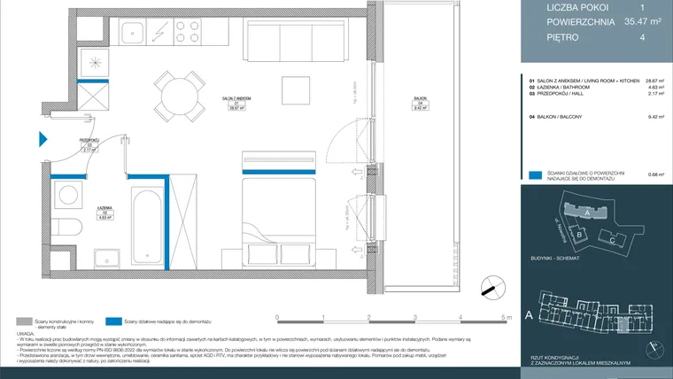 Rzut - Mieszkanie na sprzedaż 1 pokój o powierzchni 35,47 m² - numer A.2.5.3 w Meri Apartamenty