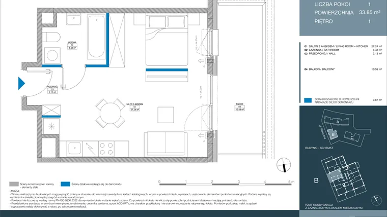 Rzut - Mieszkanie na sprzedaż 1 pokój o powierzchni 33,84 m² - numer B.1.2.5 w Meri Apartamenty