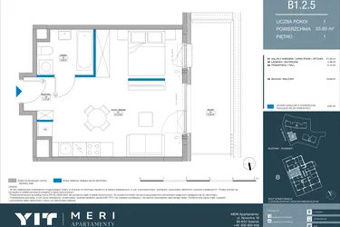 Rzut - Mieszkanie na sprzedaż 1 pokój o powierzchni 33,84 m² - numer B.1.2.5 w Meri Apartamenty