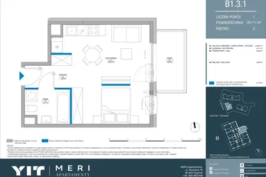 Rzut - Mieszkanie na sprzedaż 1 pokój o powierzchni 33,11 m² - numer B.1.3.1 w Meri Apartamenty