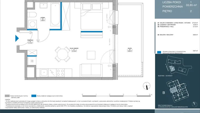 Rzut - Mieszkanie na sprzedaż 1 pokój o powierzchni 33,84 m² - numer B.1.3.5 w Meri Apartamenty