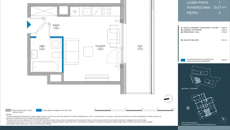 Rzut - Mieszkanie na sprzedaż 1 pokój o powierzchni 25,27 m² - numer B.1.4.3 w Meri Apartamenty