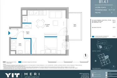 Rzut - Mieszkanie na sprzedaż 1 pokój o powierzchni 33,11 m² - numer B.1.4.1 w Meri Apartamenty