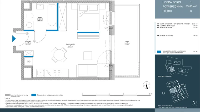Rzut - Mieszkanie na sprzedaż 1 pokój o powierzchni 33,84 m² - numer B.1.4.5 w Meri Apartamenty