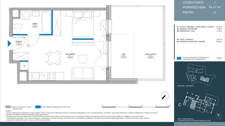 Rzut - Mieszkanie na sprzedaż 1 pokój o powierzchni 34,47 m² - numer C.1.1.1 w Meri Apartamenty