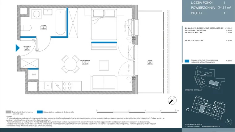 Rzut - Mieszkanie na sprzedaż 1 pokój o powierzchni 34,21 m² - numer C.1.2.3 w Meri Apartamenty