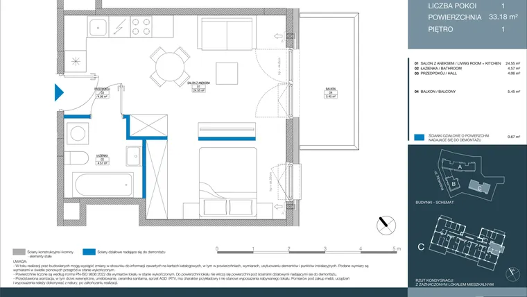 Rzut - Mieszkanie na sprzedaż 1 pokój o powierzchni 33,18 m² - numer C.1.2.7 w Meri Apartamenty