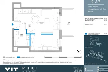 Rzut - Mieszkanie na sprzedaż 1 pokój o powierzchni 33,18 m² - numer C.1.3.7 w Meri Apartamenty