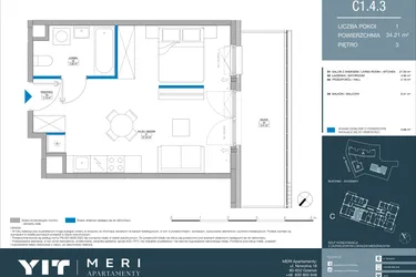 Rzut - Mieszkanie na sprzedaż 1 pokój o powierzchni 34,21 m² - numer C.1.4.3 w Meri Apartamenty