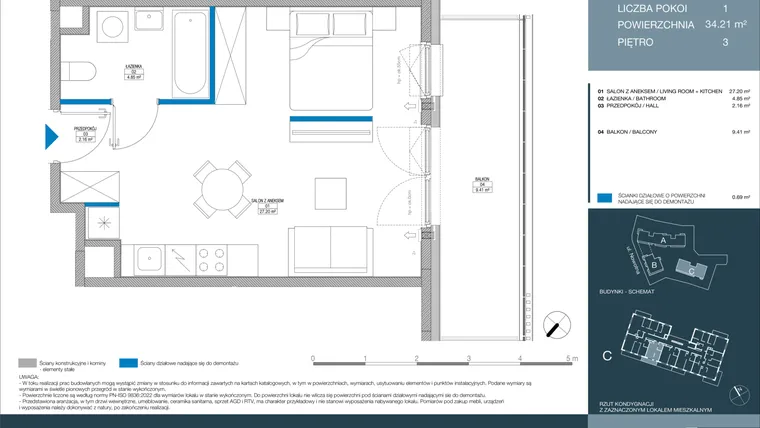 Rzut - Mieszkanie na sprzedaż 1 pokój o powierzchni 34,21 m² - numer C.1.4.3 w Meri Apartamenty