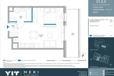 Rzut - Mieszkanie na sprzedaż 1 pokój o powierzchni 34,21 m² - numer C.1.5.3 w Meri Apartamenty