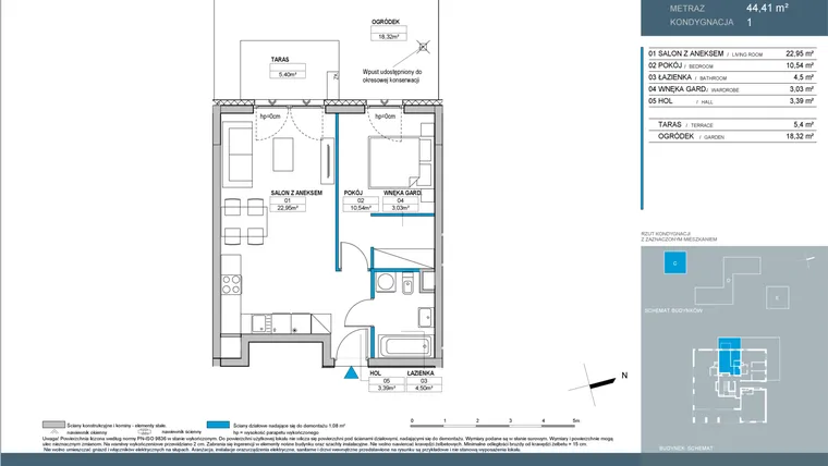 Rzut - Mieszkanie na sprzedaż 2 pokoje o powierzchni 44,41 m² - numer C.1.02 w Nordic Bemowo - etap IV