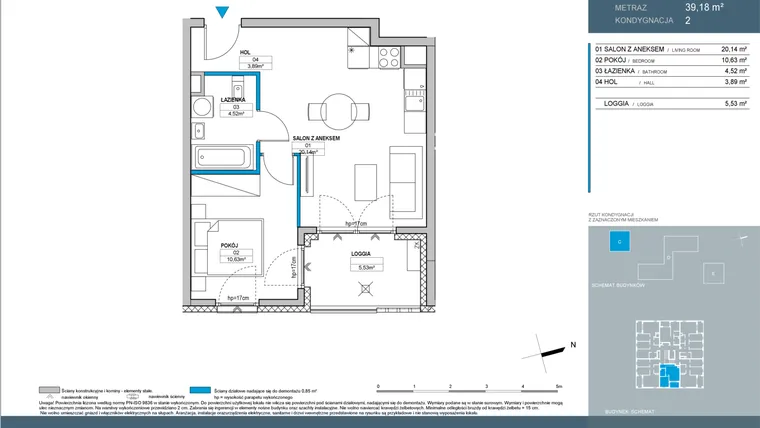 Rzut - Mieszkanie na sprzedaż 2 pokoje o powierzchni 39,22 m² - numer C.2.05 w Nordic Bemowo - etap IV