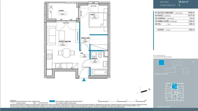 Rzut - Mieszkanie na sprzedaż 2 pokoje o powierzchni 38,54 m² - numer C.3.02 w Nordic Bemowo - etap IV