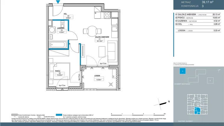 Rzut - Mieszkanie na sprzedaż 2 pokoje o powierzchni 39,21 m² - numer C.3.05 w Nordic Bemowo - etap IV