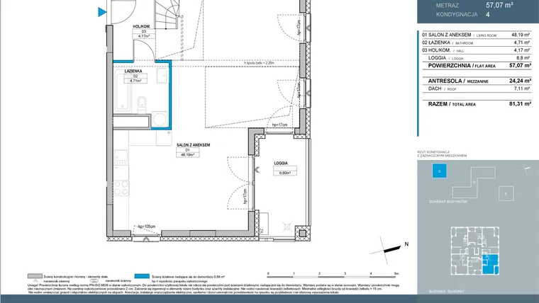 Rzut - Mieszkanie na sprzedaż 3 pokoje o powierzchni 81,31 m² - numer C.4.06 w Nordic Bemowo - etap IV