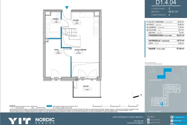 Rzut - Mieszkanie na sprzedaż 3 pokoje o powierzchni 57,94 m² - numer D1.4.04 w Nordic Bemowo - etap IV