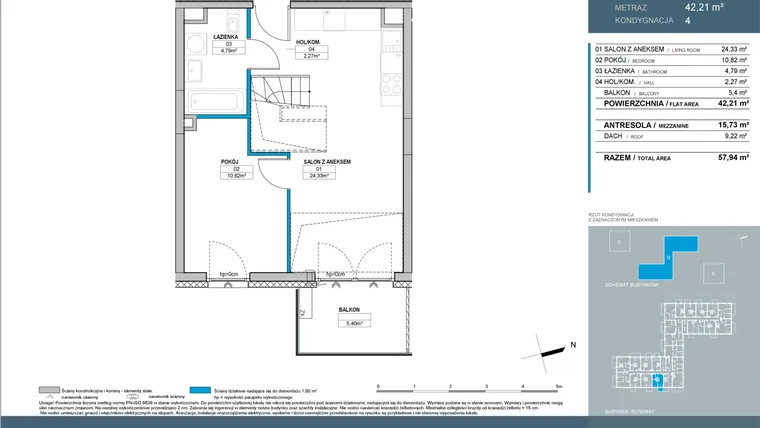 Rzut - Mieszkanie na sprzedaż 3 pokoje o powierzchni 57,94 m² - numer D1.4.04 w Nordic Bemowo - etap IV