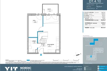 Rzut - Mieszkanie na sprzedaż 3 pokoje o powierzchni 58,14 m² - numer D1.4.10 w Nordic Bemowo - etap IV