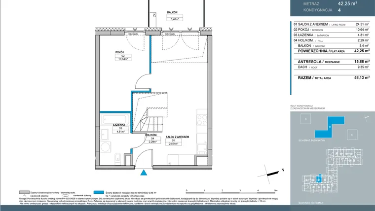 Rzut - Mieszkanie na sprzedaż 3 pokoje o powierzchni 58,14 m² - numer D1.4.10 w Nordic Bemowo - etap IV