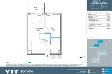 Rzut - Mieszkanie na sprzedaż 3 pokoje o powierzchni 57,59 m² - numer D2.4.06 w Nordic Bemowo - etap IV