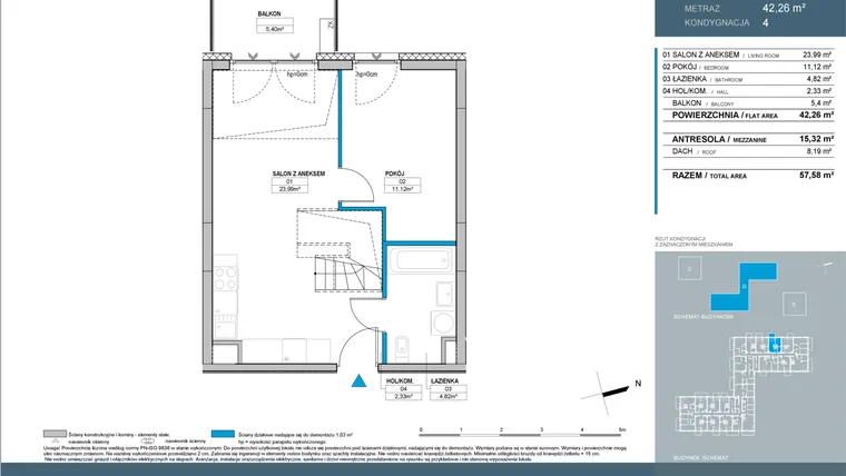 Rzut - Mieszkanie na sprzedaż 3 pokoje o powierzchni 57,59 m² - numer D2.4.06 w Nordic Bemowo - etap IV
