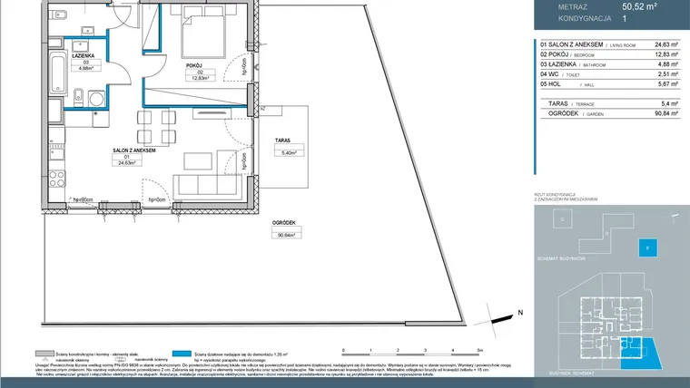 Rzut - Mieszkanie na sprzedaż 2 pokoje o powierzchni 50,52 m² - numer E.1.01 w Nordic Bemowo - etap IV