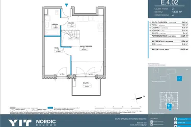 Rzut - Mieszkanie na sprzedaż 3 pokoje o powierzchni 59,2 m² - numer E.4.02 w Nordic Bemowo - etap IV