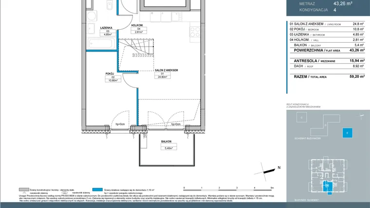 Rzut - Mieszkanie na sprzedaż 3 pokoje o powierzchni 59,2 m² - numer E.4.02 w Nordic Bemowo - etap IV