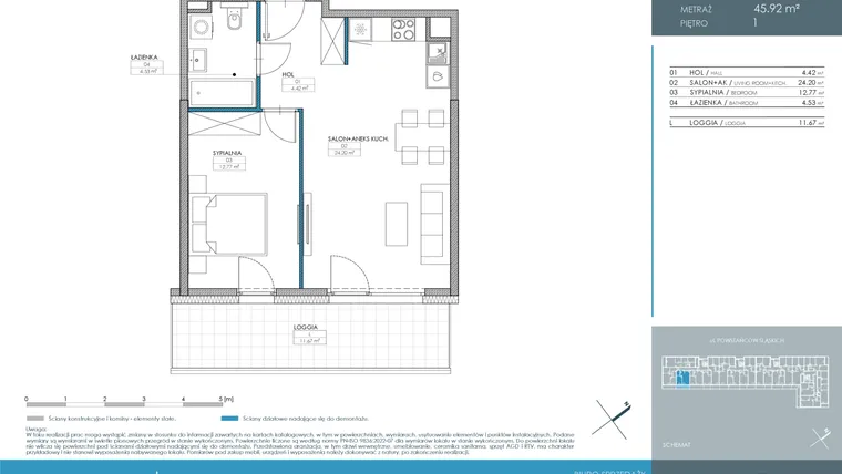Rzut - Mieszkanie na sprzedaż 2 pokoje o powierzchni 45,92 m² - numer 1.1.1.03 w Nordic Powstańców Śląskich