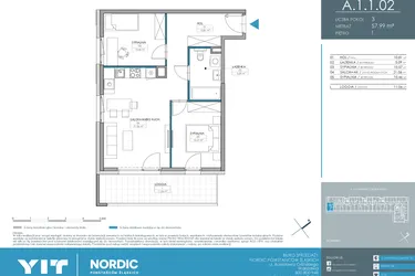 Rzut - Mieszkanie na sprzedaż 3 pokoje o powierzchni 57,99 m² - numer 1.1.1.02 w Nordic Powstańców Śląskich