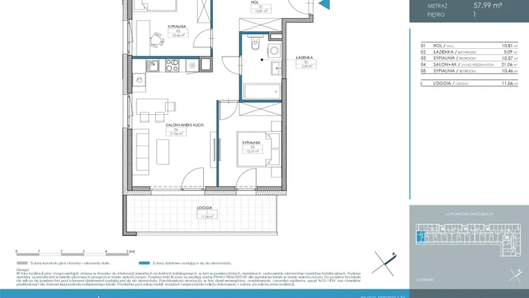 Rzut - Mieszkanie na sprzedaż 3 pokoje o powierzchni 57,99 m² - numer 1.1.1.02 w Nordic Powstańców Śląskich