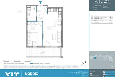 Rzut - Mieszkanie na sprzedaż 2 pokoje o powierzchni 43,97 m² - numer 1.1.1.04 w Nordic Powstańców Śląskich