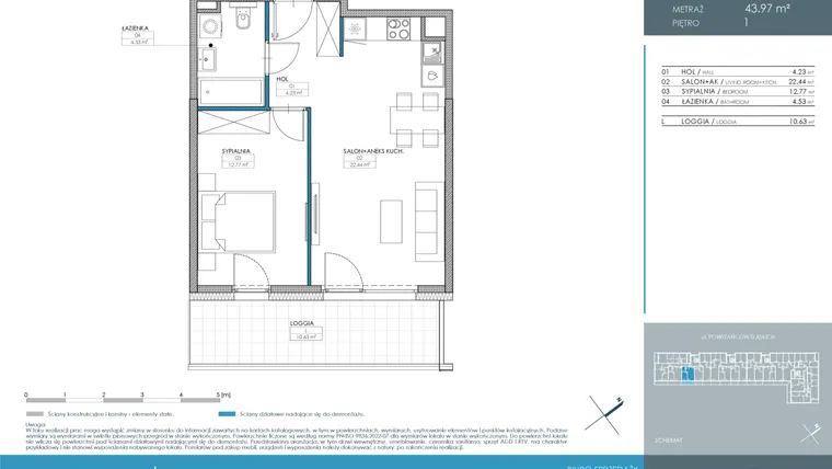 Rzut - Mieszkanie na sprzedaż 2 pokoje o powierzchni 43,97 m² - numer 1.1.1.04 w Nordic Powstańców Śląskich