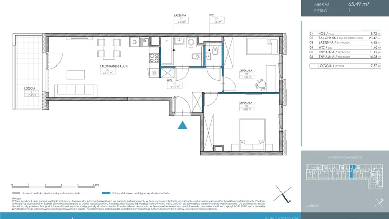 Rzut - Mieszkanie na sprzedaż 3 pokoje o powierzchni 65,49 m² - numer 1.3.1.01 w Nordic Powstańców Śląskich
