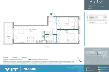 Rzut - Mieszkanie na sprzedaż 3 pokoje o powierzchni 61,71 m² - numer 1.2.1.04 w Nordic Powstańców Śląskich